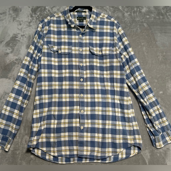 Eddie Bauer Classic Fit Flannel Shirt Men’s XLT Tall Plaid Blue Yellow Fall - Picture 1 of 7